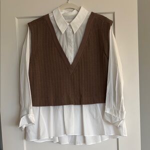 Anthro Brown Knit Vest with White Blouse (one piece)